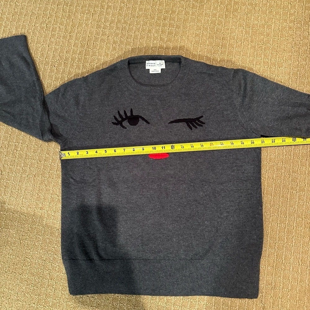 KATE SPADE BROOME STREET WINK FACE SWEATER GRAY RED LIPS WOOL BLEND LARGE - Picture 7 of 9